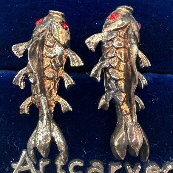 1940s sterling silver gold vermeil koi fish red rhinestones screw back earrings - Picture 3 of 8